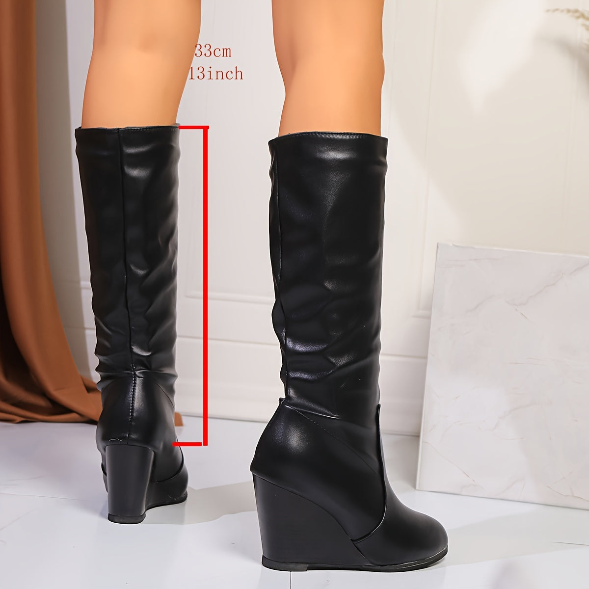 Women’s Faux Leather Slip-On High Heel Mid-Calf Boots Black for Winter