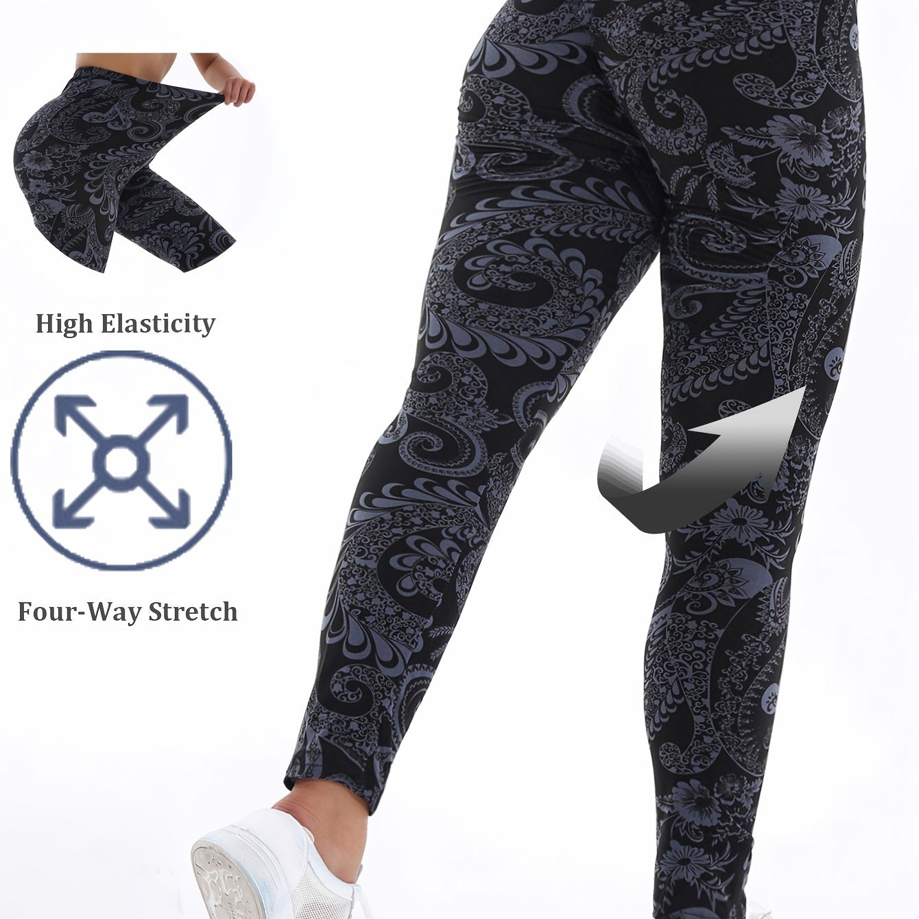 Women's Plus Size Cropped Leggings Black Ink Print High Waist Stretchy Sportswear