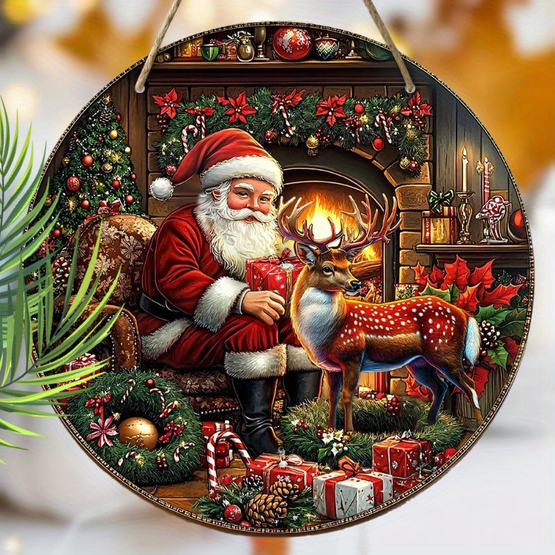 Wooden Holiday Decor Sign Featuring Santa Claus and Reindeer for Indoor and Outdoor Christmas Decoration