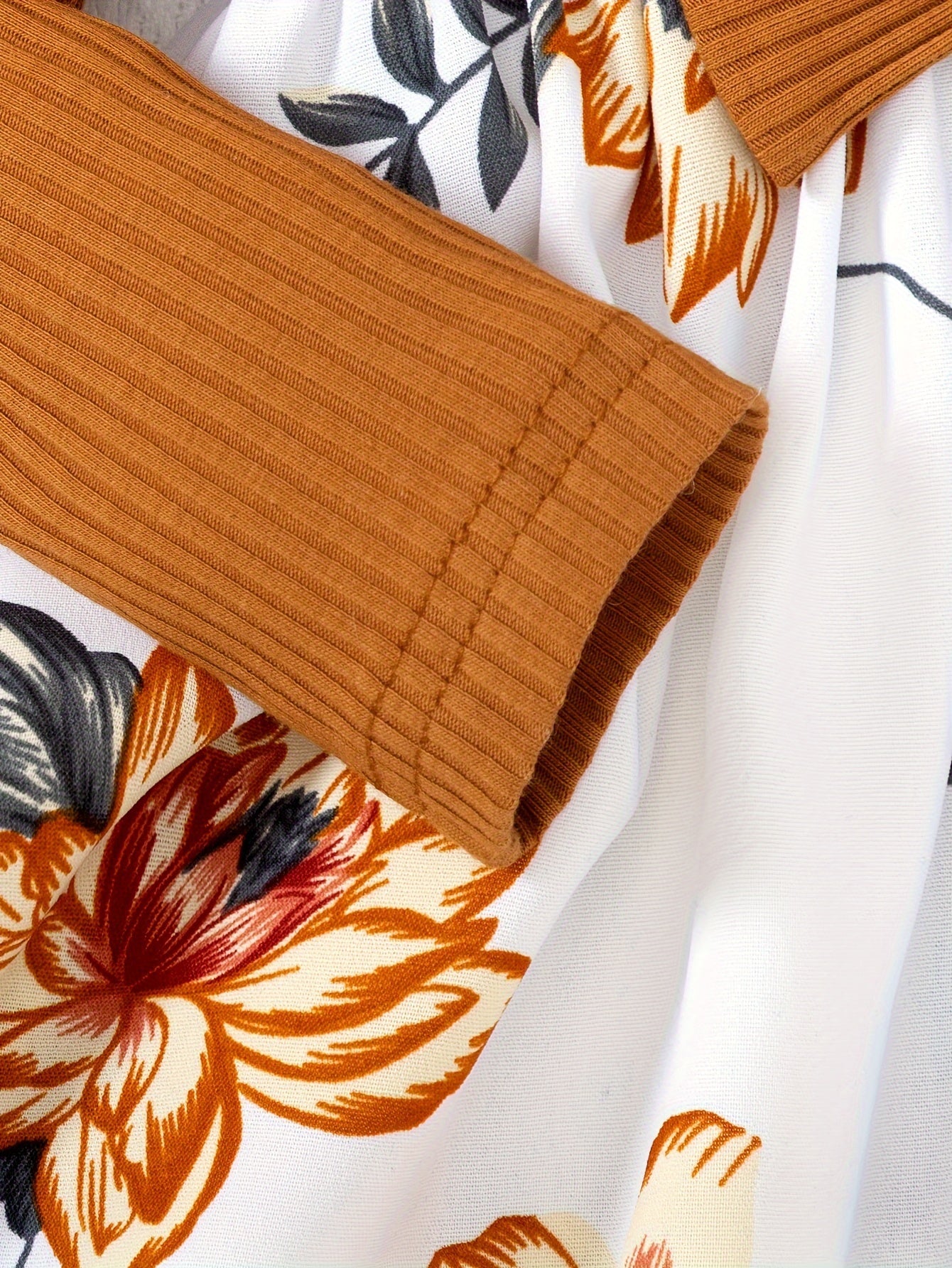 Girls Floral Print Midi Dress with Ruffle Shoulders Long Sleeves Cotton Knit All-Season