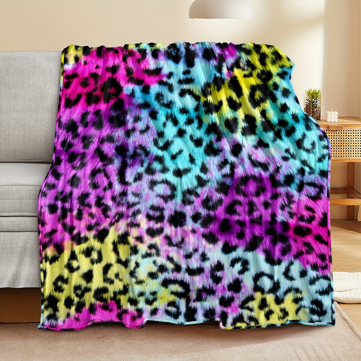 Colorful Fleece Blanket with Leopard Print and Rainbow Tie Dye for Bed Sofa Couch