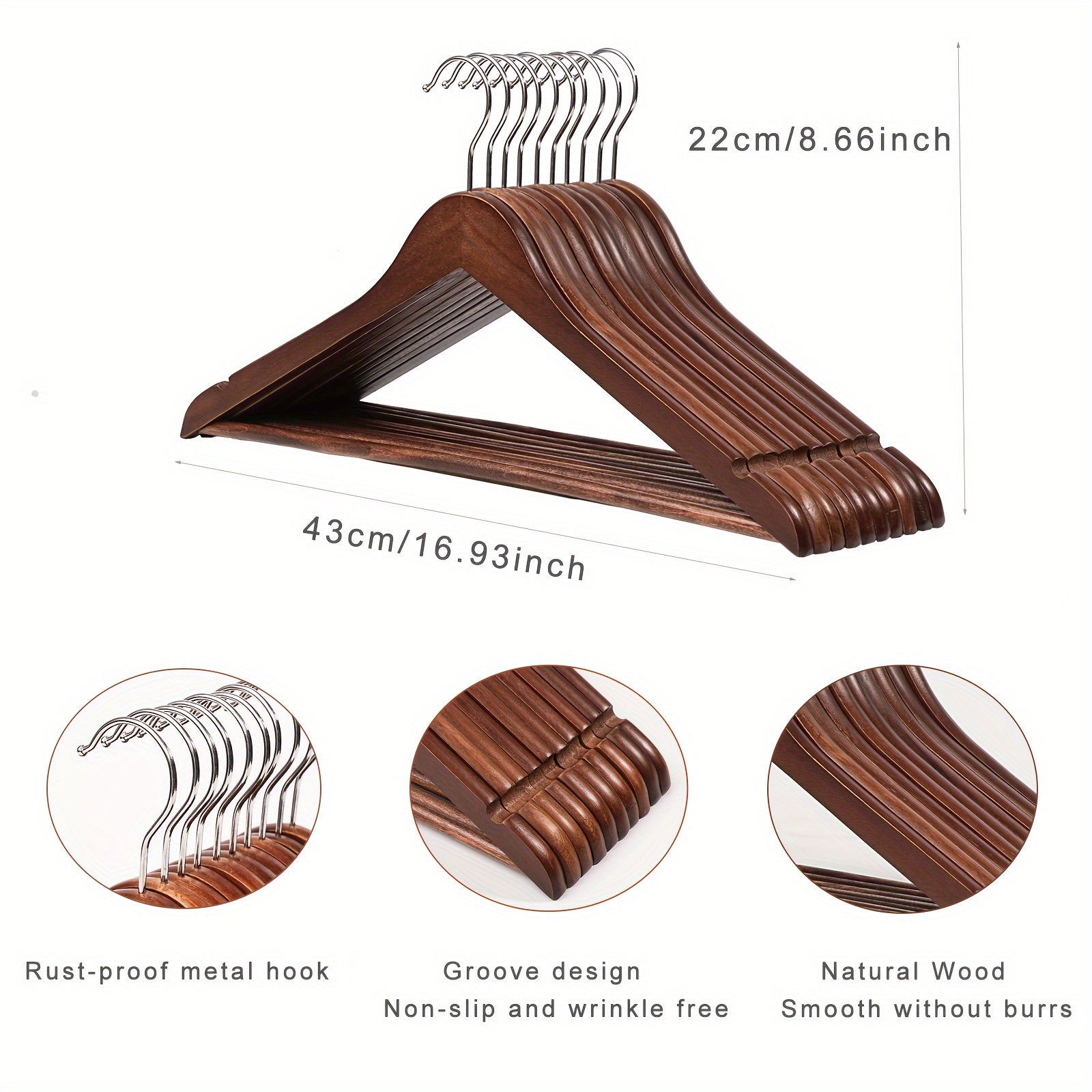 10 ta yuqori sifatli qattiq yog'och osma - palto, kostyum va boshqa kiyimlar uchun sirpanmaydigan, iz qoldirmaydigan dizayn - retro uslubidagi shkafni tartibga soluvchilar