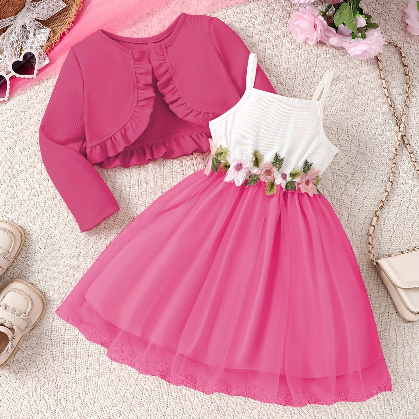 Girls Ruffle Cardigan and Embroidered Mesh Princess Dress Set for Spring Fall