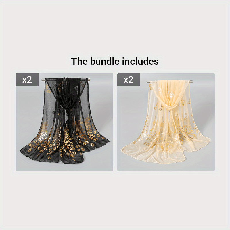 Women’s Peacock Print Lightweight Sun-Protective Polyester Scarf with Shimmering Foil