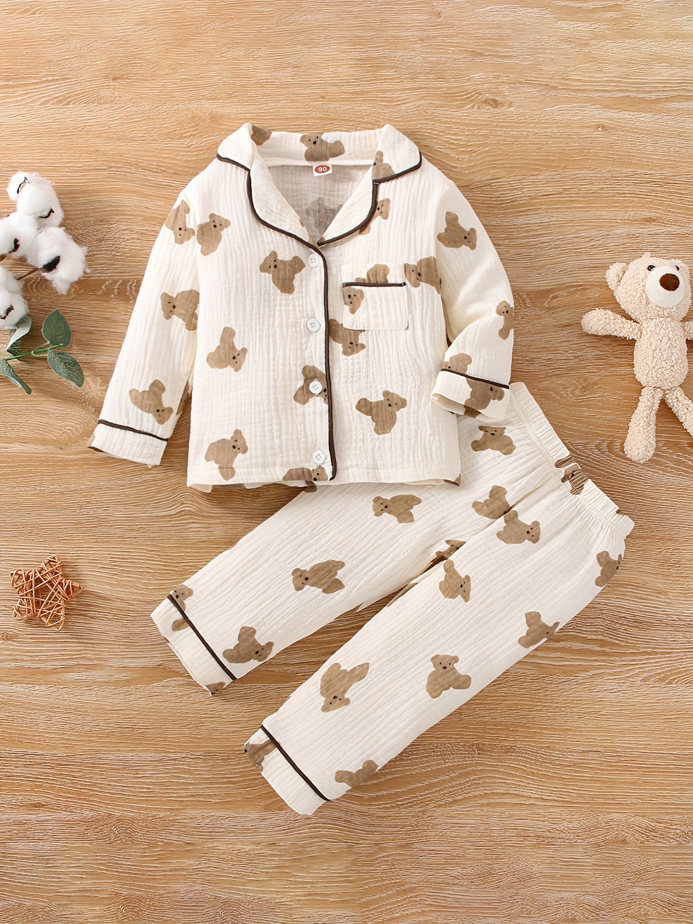 Boys Fall Winter Cotton Long Pant Set with Bear Print Casual Kids Pajama Set