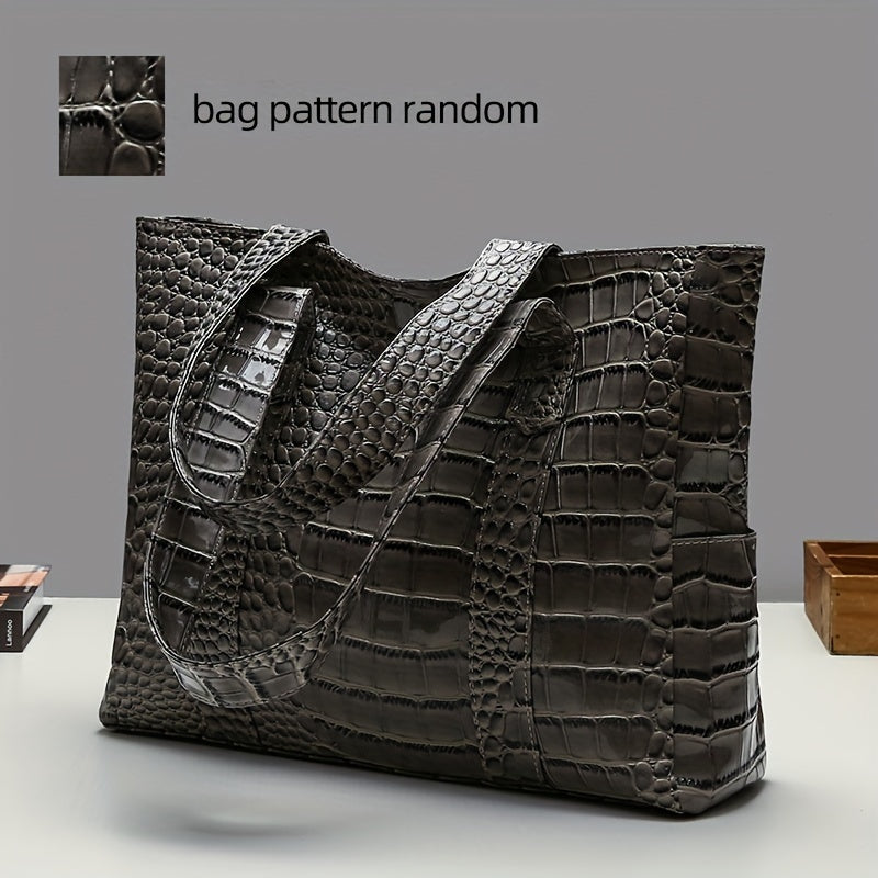 Blue Crocodile-Embossed PU Tote Bag with Zipper Closure for Women