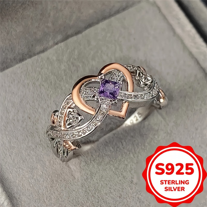 Sterling Silver Infinity Heart Ring with Purple Synthetic Zirconia Engagement Jewelry