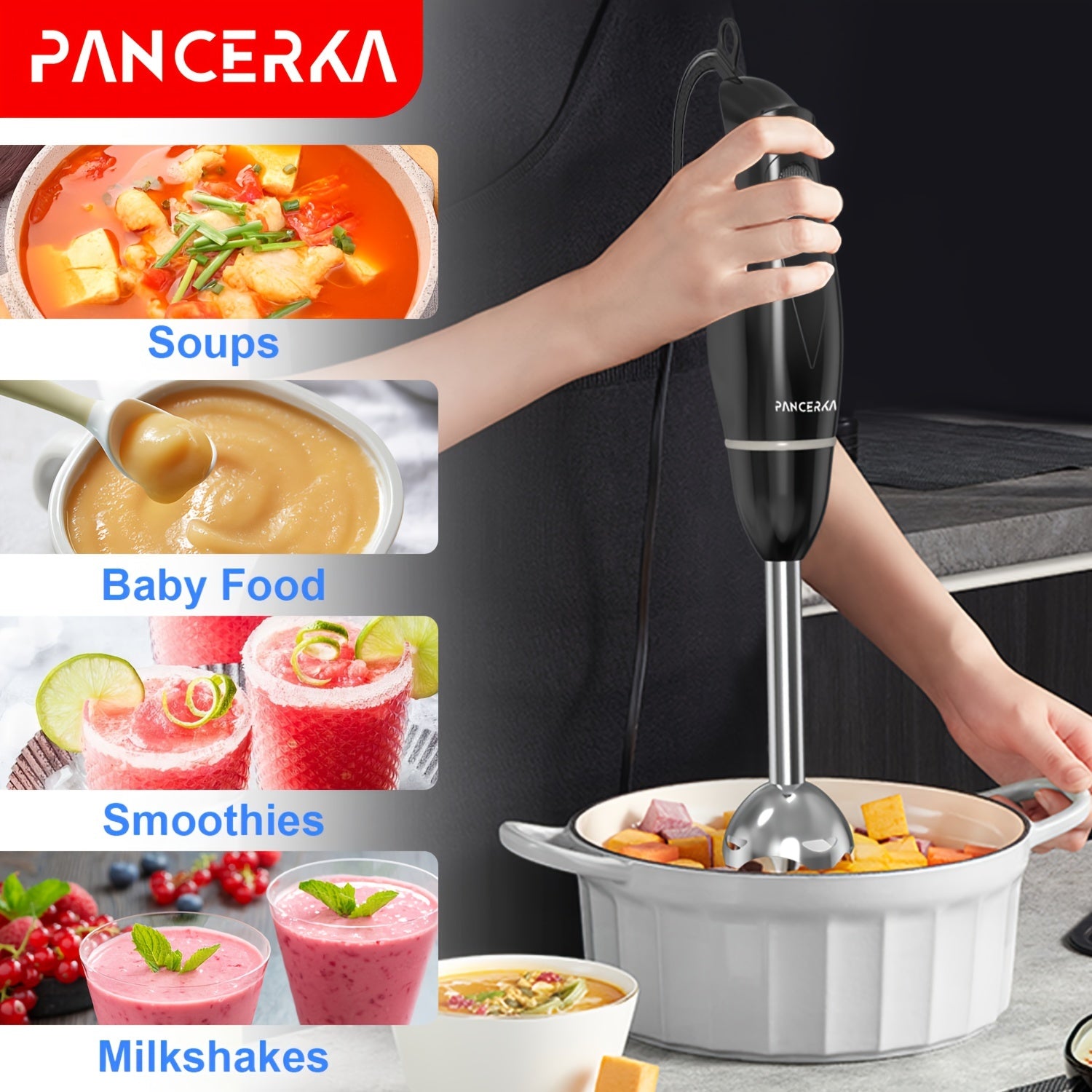 100W Hand Blender Set with Copper Motor Stainless Steel Blades Whisk Frother for Soups Smoothies
