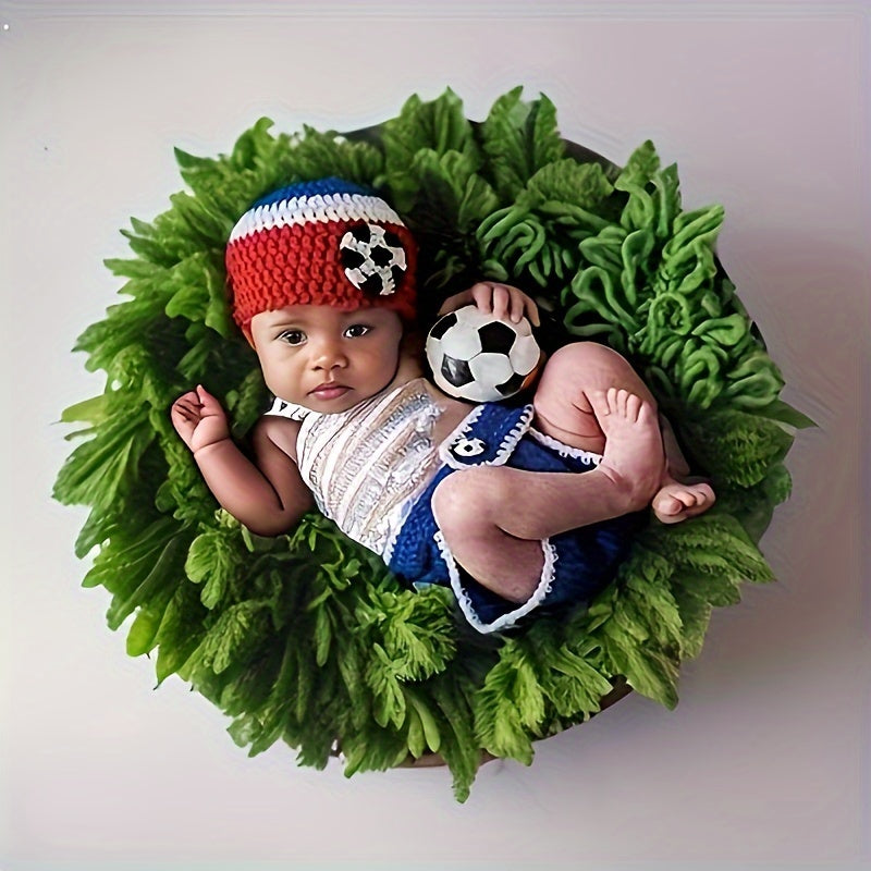 Kids' Football Photography Outfit 3-Piece Set Includes Knitted Hat Shorts Ball