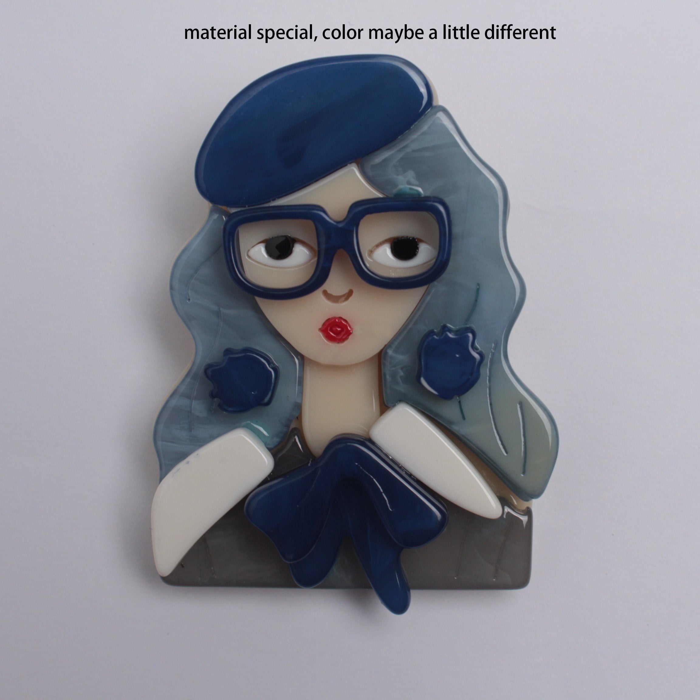 Broche de chica acrílica con gafas, joyería original y elegante para vestidos, suéteres y abrigos