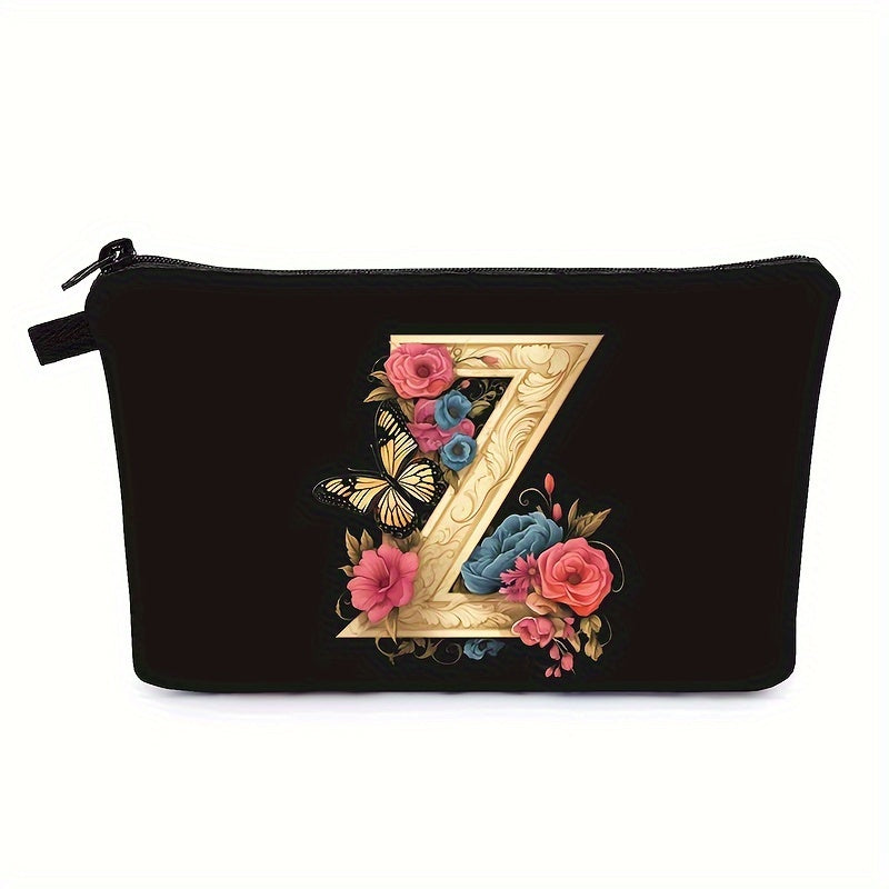 Bolsa de maquillaje negra para mujer con patrón de mariposas y flores para organizar los esenciales de belleza