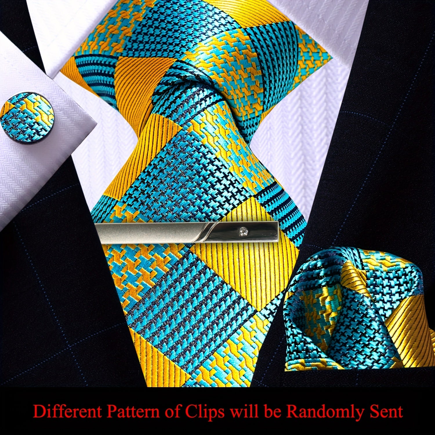 Men's Plaid Tie Pocket Square Cufflinks and Clip Set