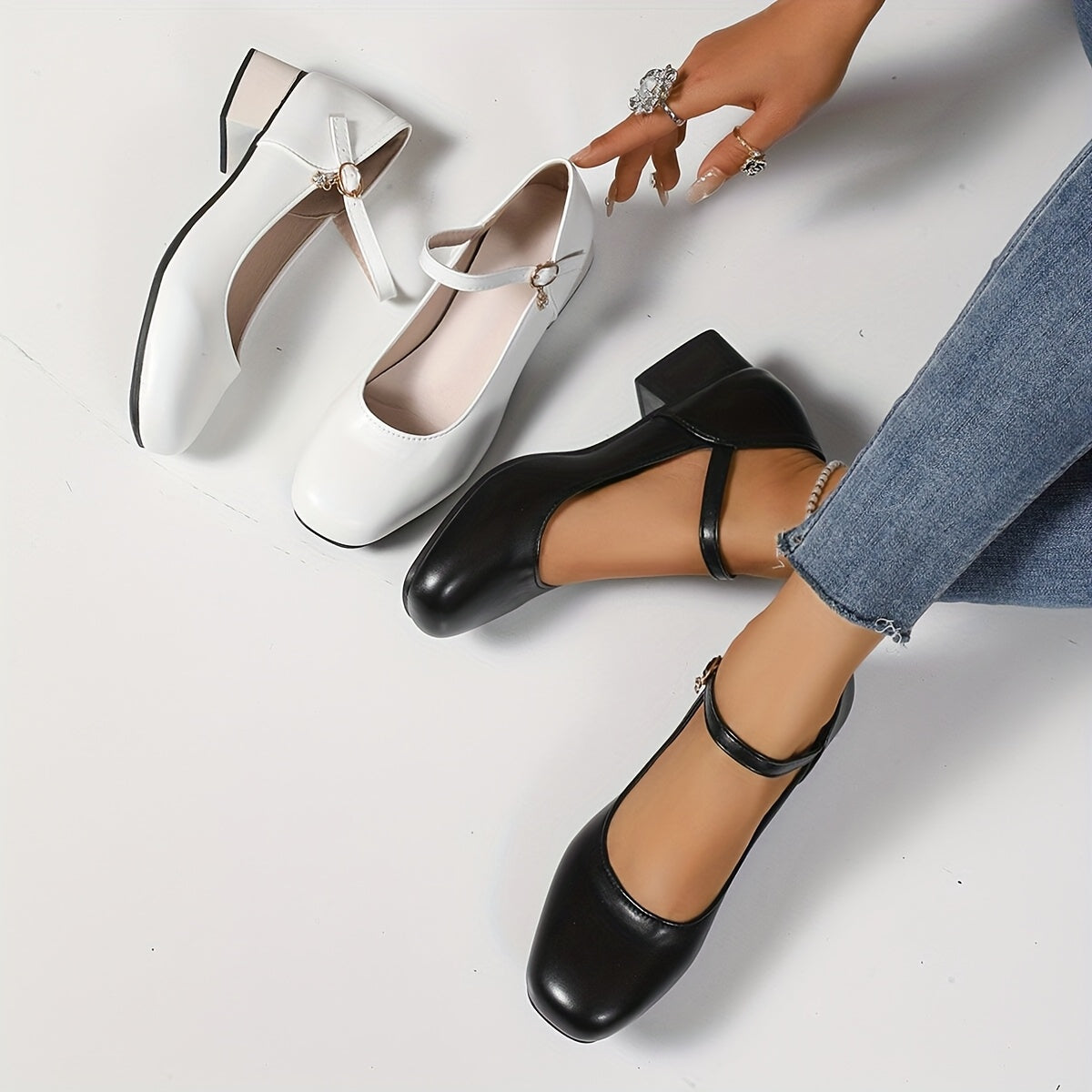 Women’s Black Mid-Heel Pumps with Ankle Strap and Rubber Sole