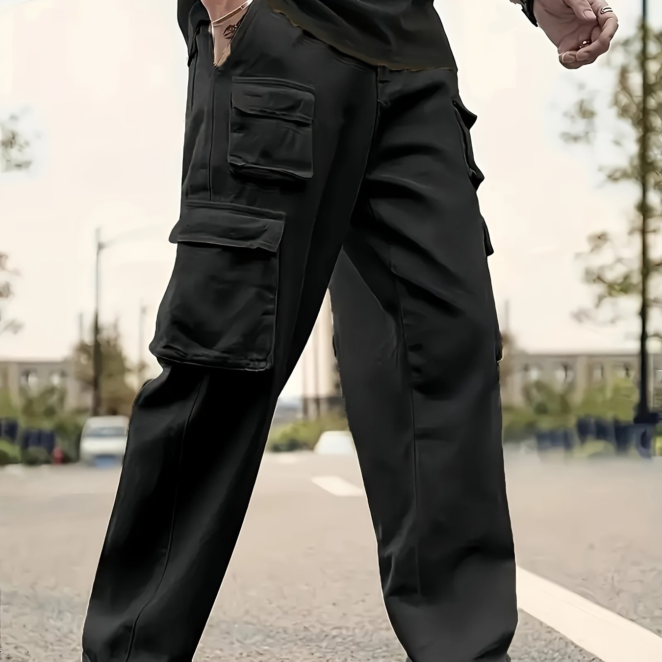 Plus Size Cargo Joggers for Men Autumn Winter Solid Woven Fabric Drawstring Regular Fit