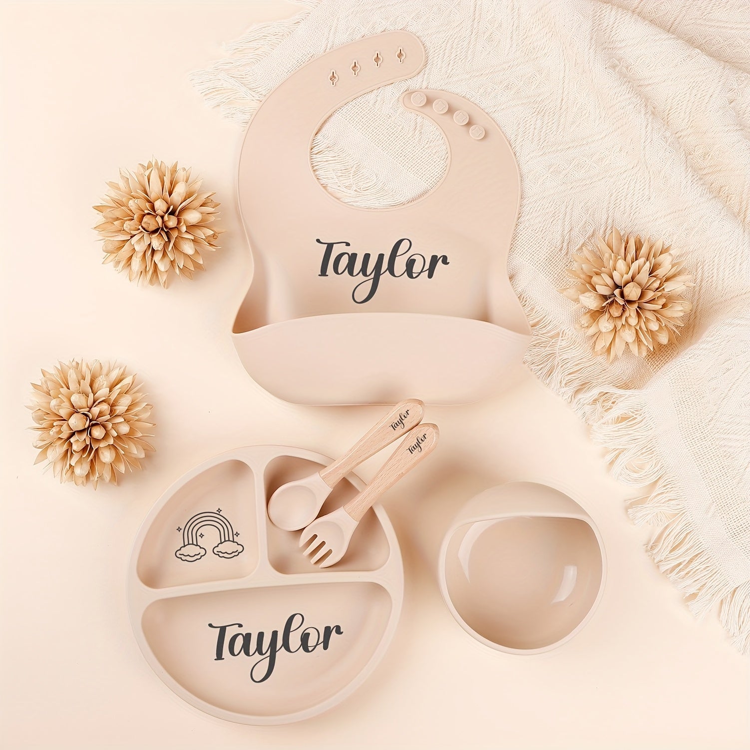 Personalized Baby Feeding Set with Name Silicone Weaning Plate Spoon Fork Bowl Gift