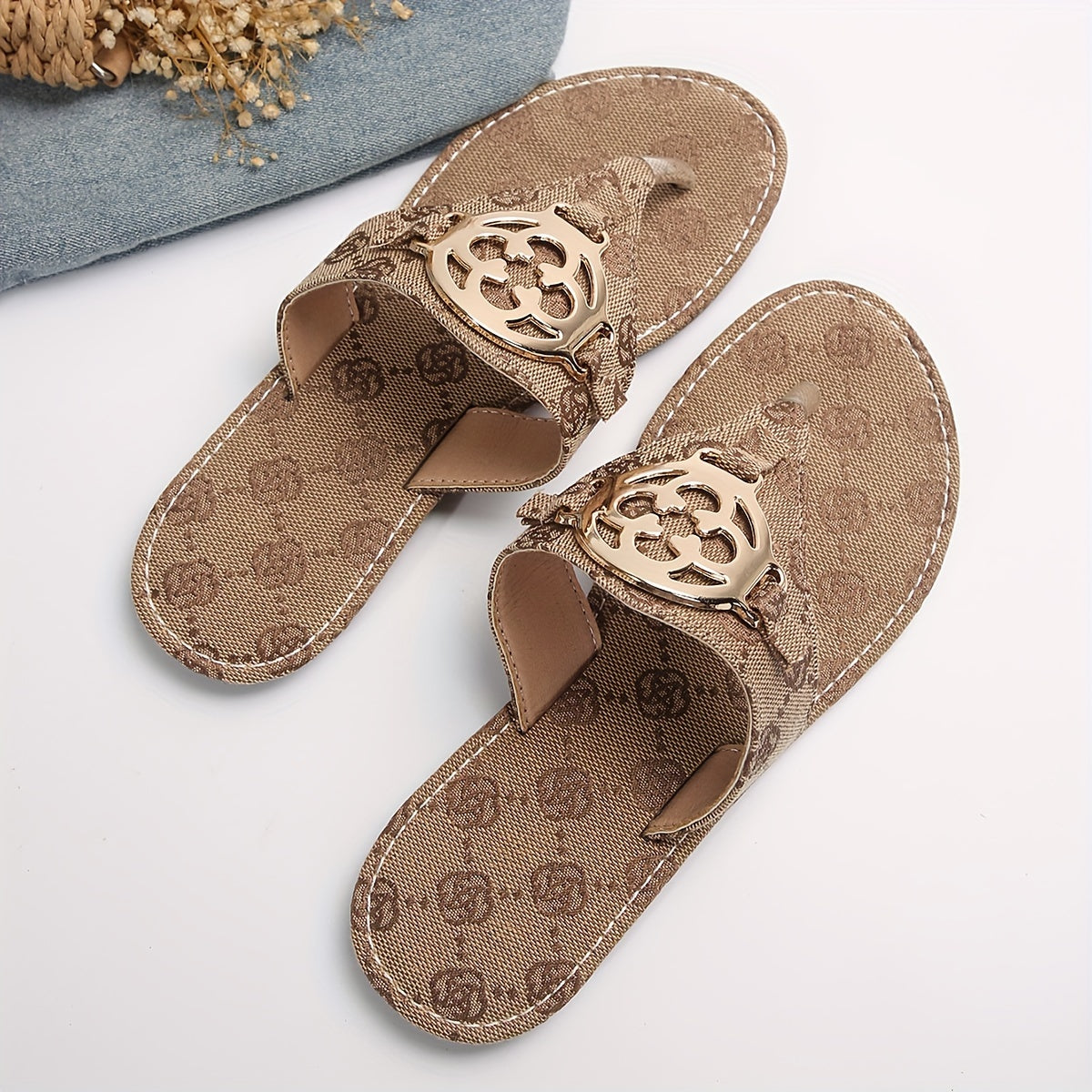 Women’s Metallic Buckle Flip Flops, Flowers Pattern, Summer Flat Slides