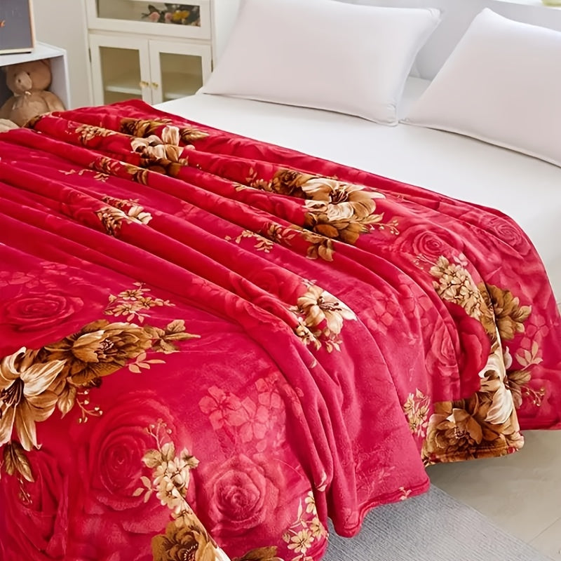 Red Flannel Bed Blanket with Woven Peony Pattern Polyester All-Season Comfort