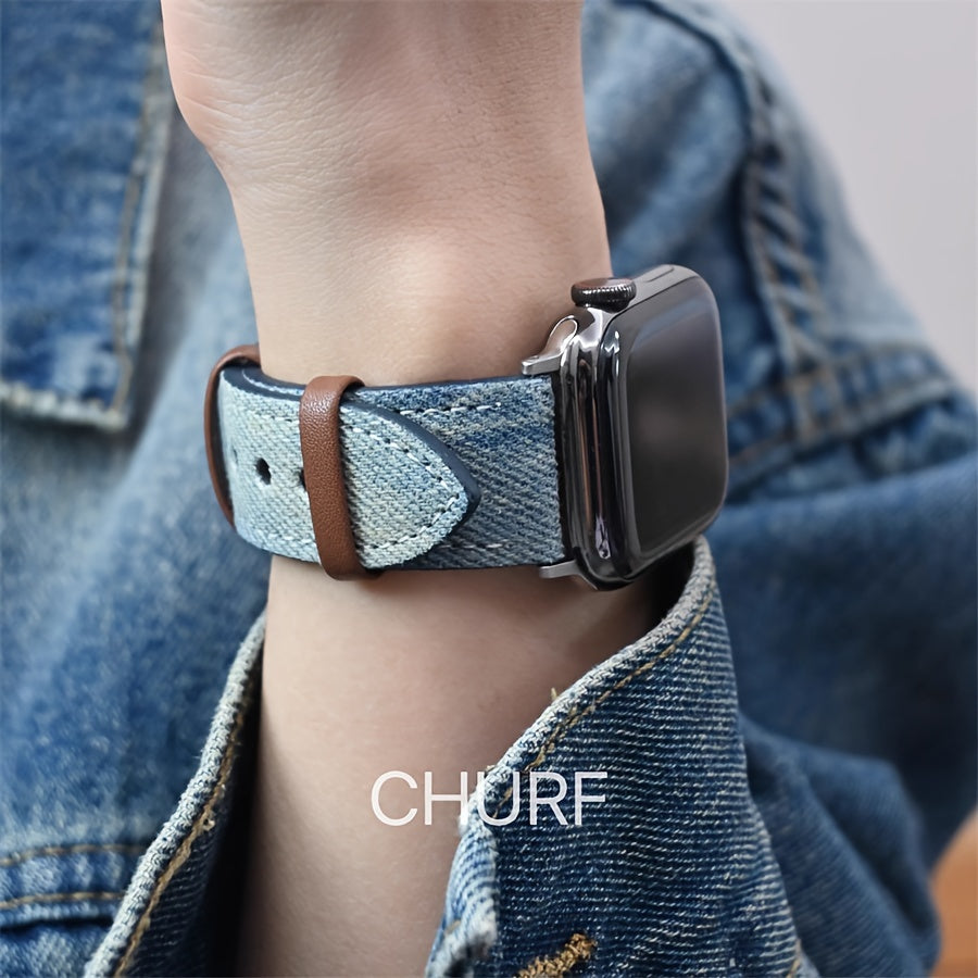 Denim va metalldan tayyorlangan Apple Watch tasmasi, kumush rangli qopqoq bilan, turli xil Apple Watch o'lchamlari va seriyalariga mos keladi, mustahkam va zamonaviy dizayn.