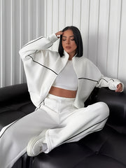 Women's Polyester Tracksuit Set with Zip-Up Hoodie and Matching Pants for Fall Winter
