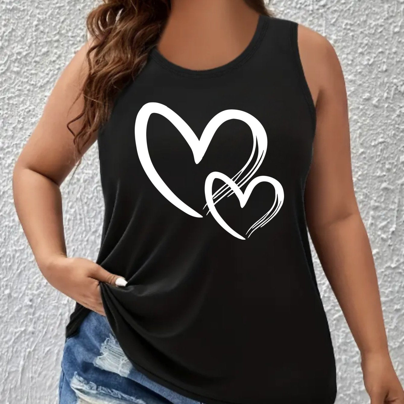 Women Plus Size Heart Graphic Tank Top Black Sleeveless Sporty Breathable Shirt