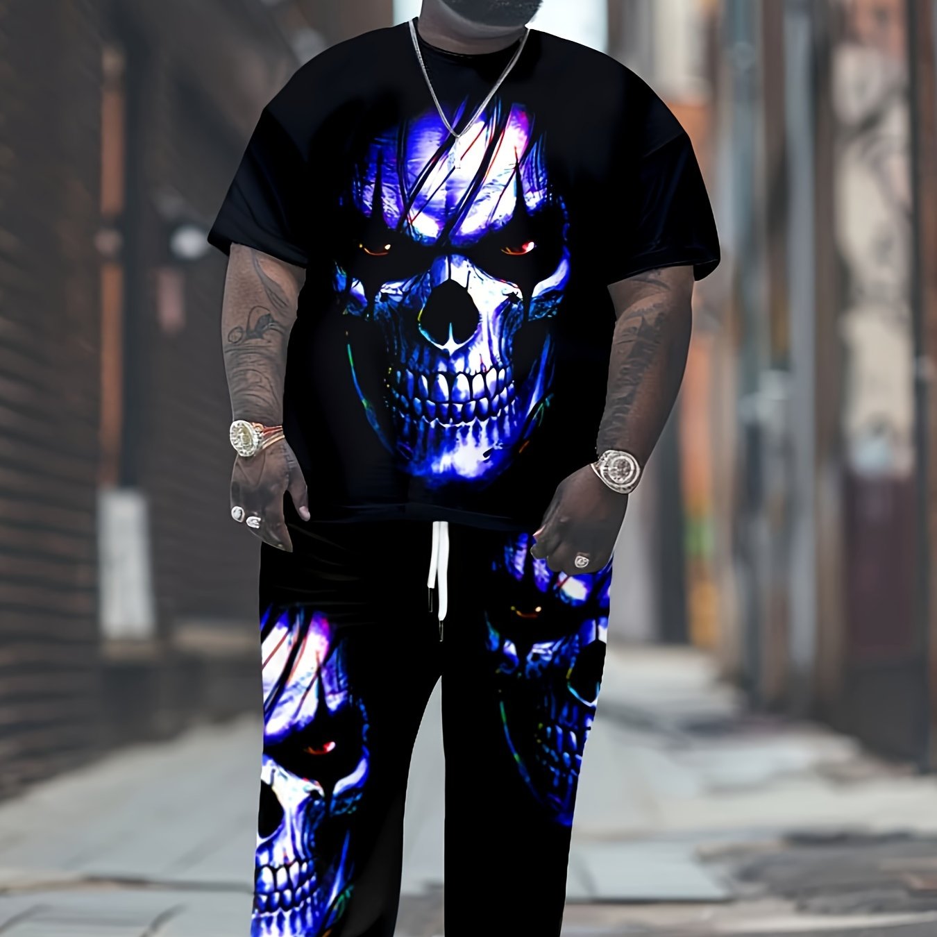 Plus Size Men's Polyester 3D Skull Print Sweatsuit Set with Pockets and Regular Fit