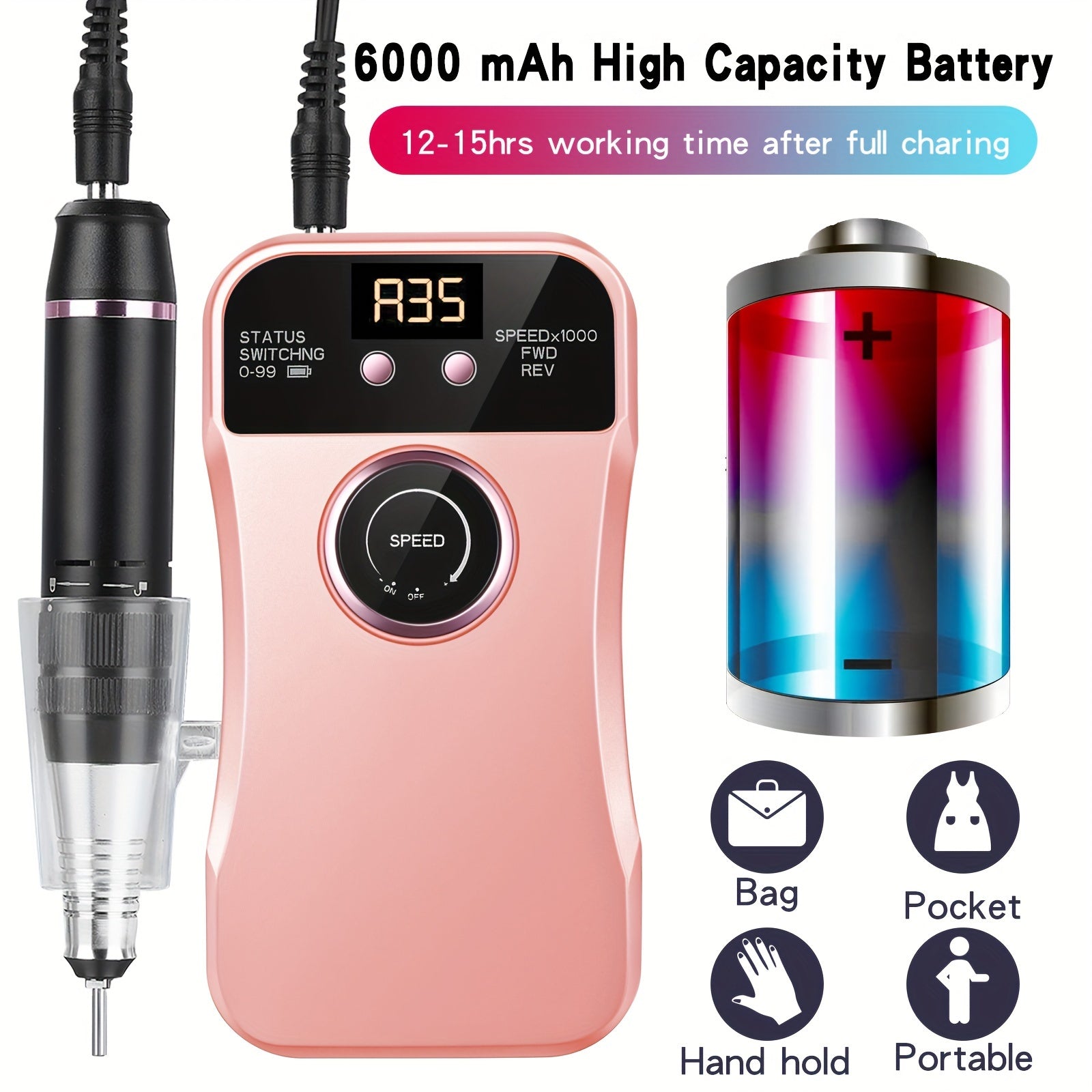 Electric Nail Drill Machine for Acrylic Nails Portable Cordless 35000 RPM Manicure Pedicure Kit