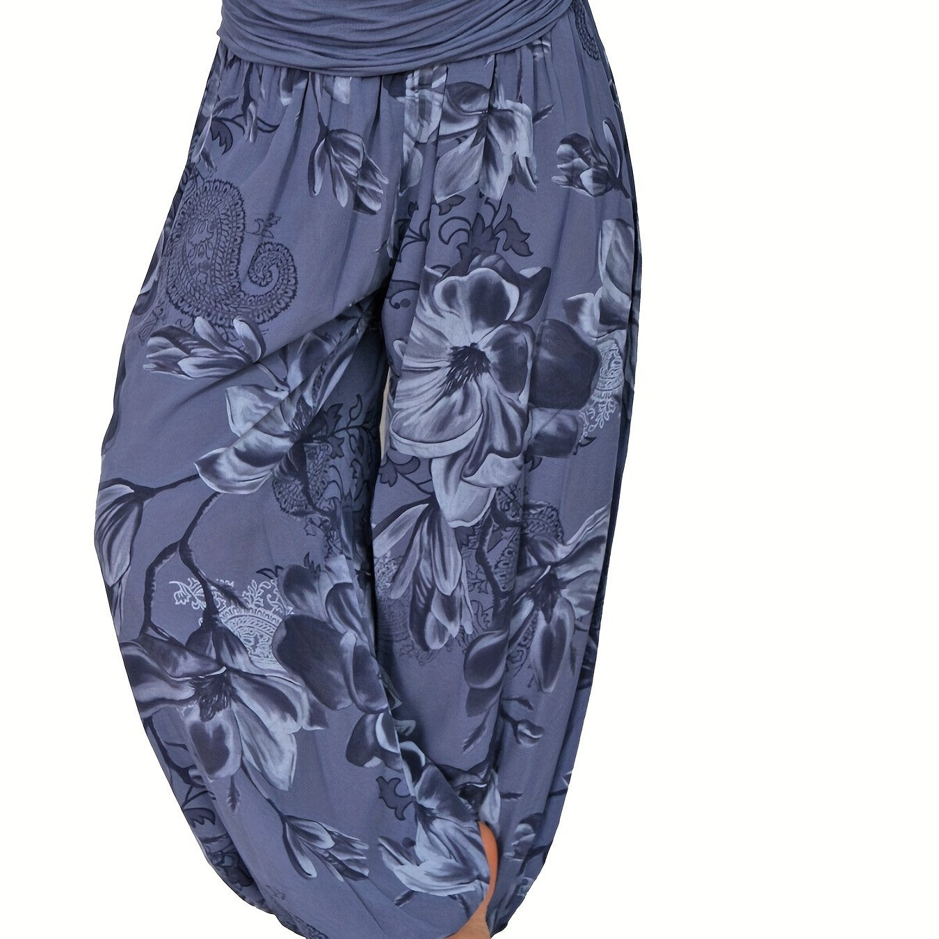 Pantalones harem de estampado floral para mujer en azul y blanco, de poliéster ligero, con pierna ancha, estilo casual para vacaciones