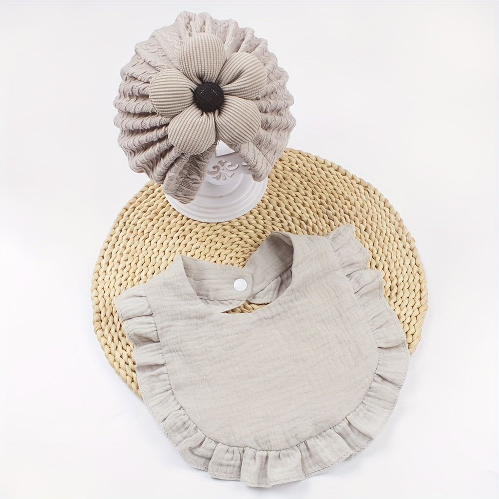 Kids Girl Floral Hat and Bib Set Soft Breathable Polyester for Casual and Birthday