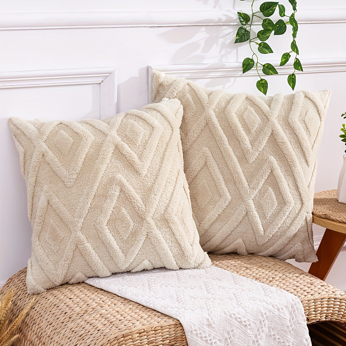 Pair of Beige Geometric Pattern Throw Pillow Covers 100% Polyester Zipper Closure