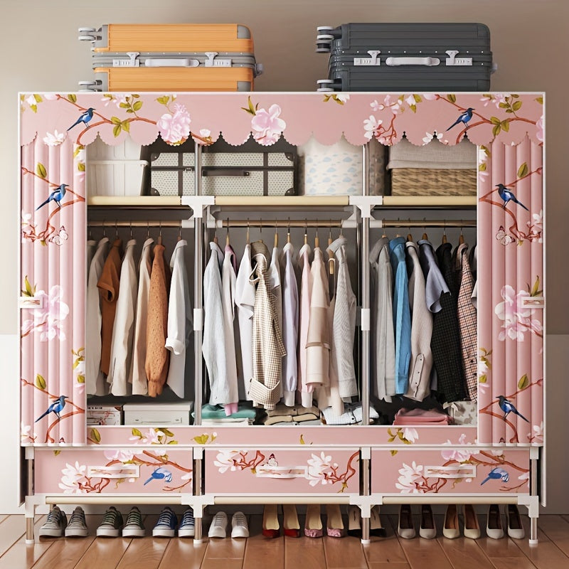 Pink Floral and Bird Pattern Wardrobe Closet with Cover and Metal Frame for Bedroom or Rental Space