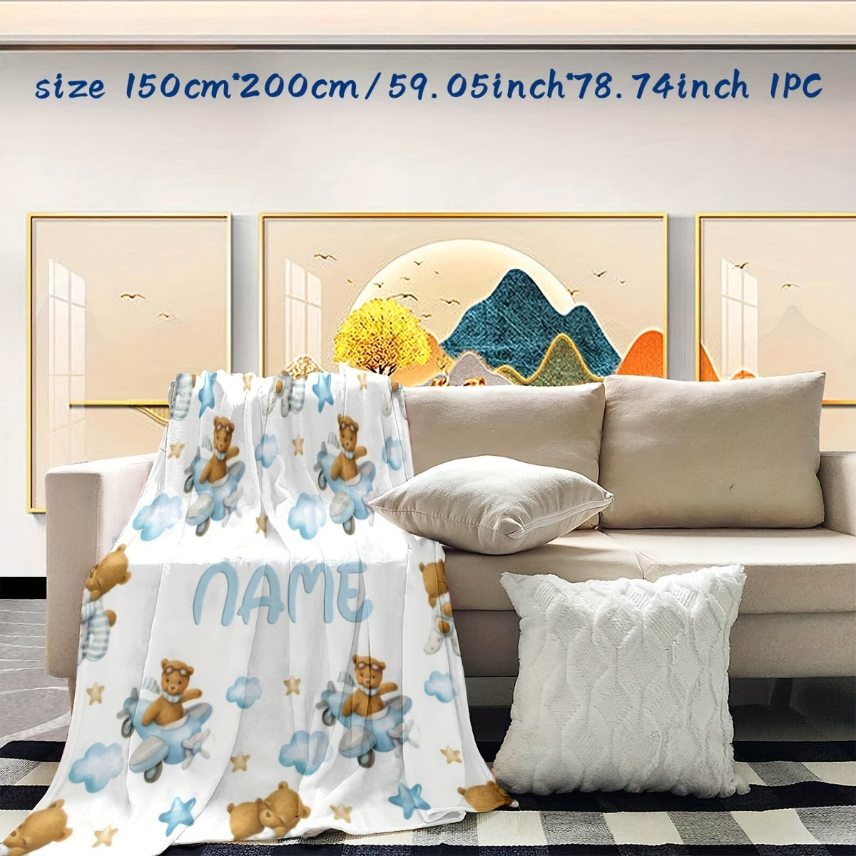Customizable Flannel Blanket with Bear and Airplane Design for Kids and Adults