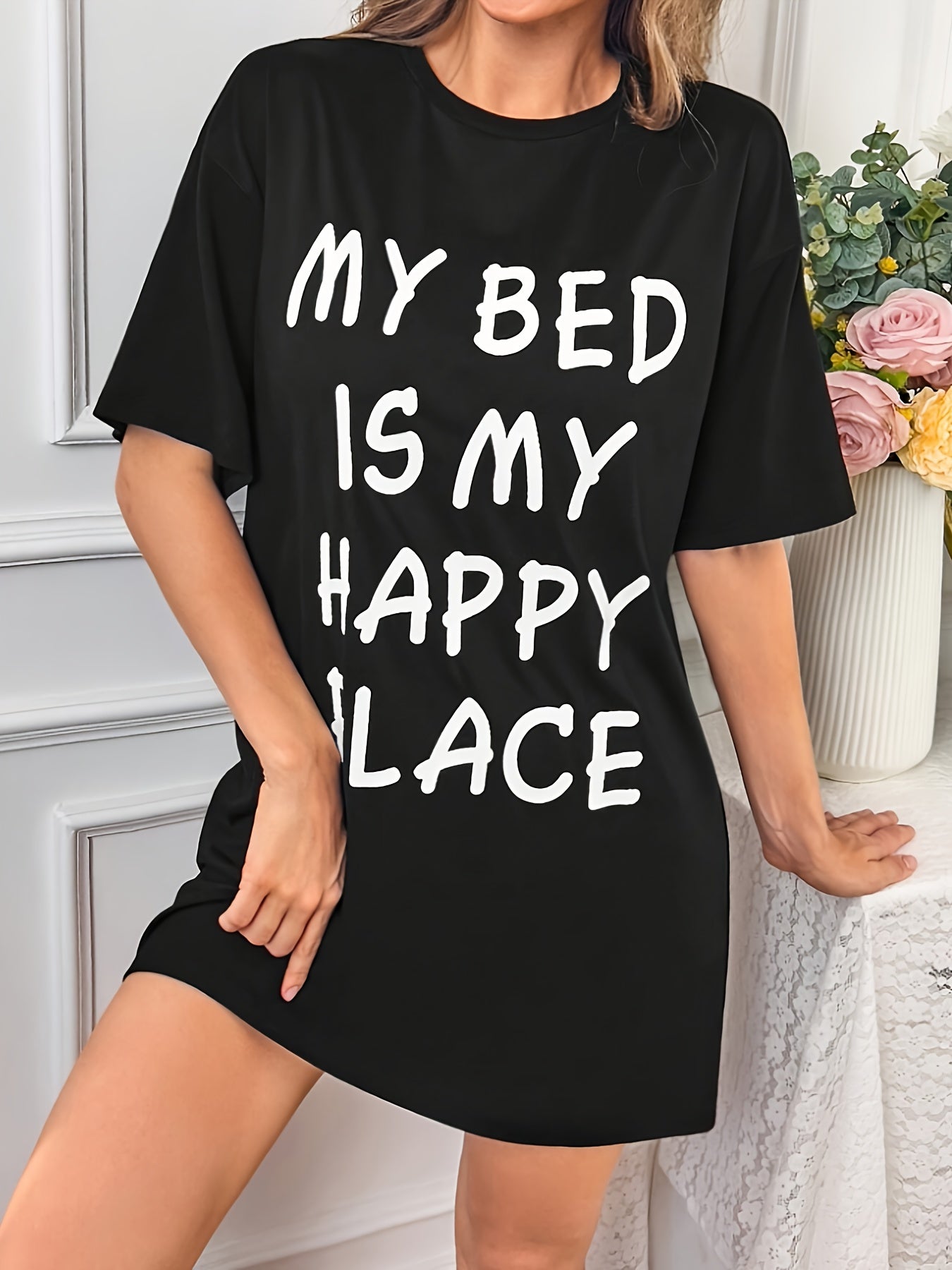 Women's Casual Sleepwear Dress with Slogan Print Short Sleeves Round Neck Nightgown