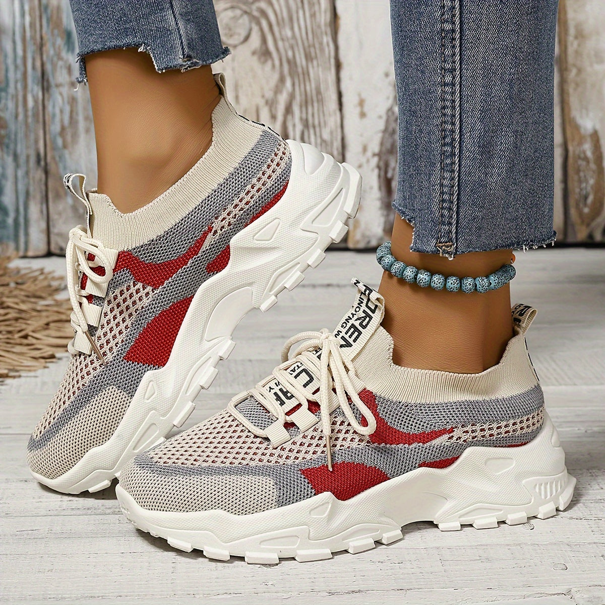 Women’s Color-Block Woven Sneakers Breathable Fabric Lightweight Running Shoes
