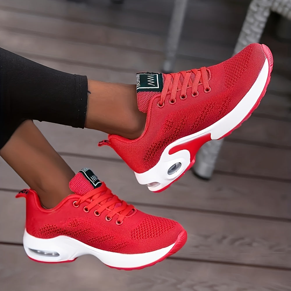 Women's White Breathable Knit Running Shoes with Air Cushion and Shock Absorbing Platform