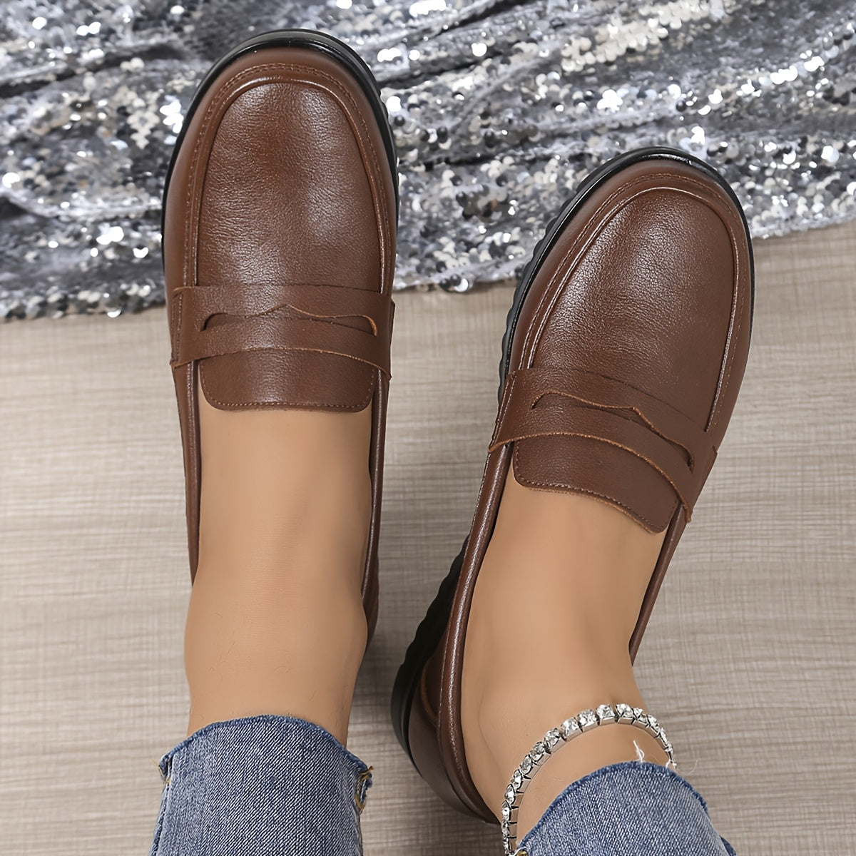 Women's PU Slip-On Flats Casual Shoes Brown Black All-Day Comfort