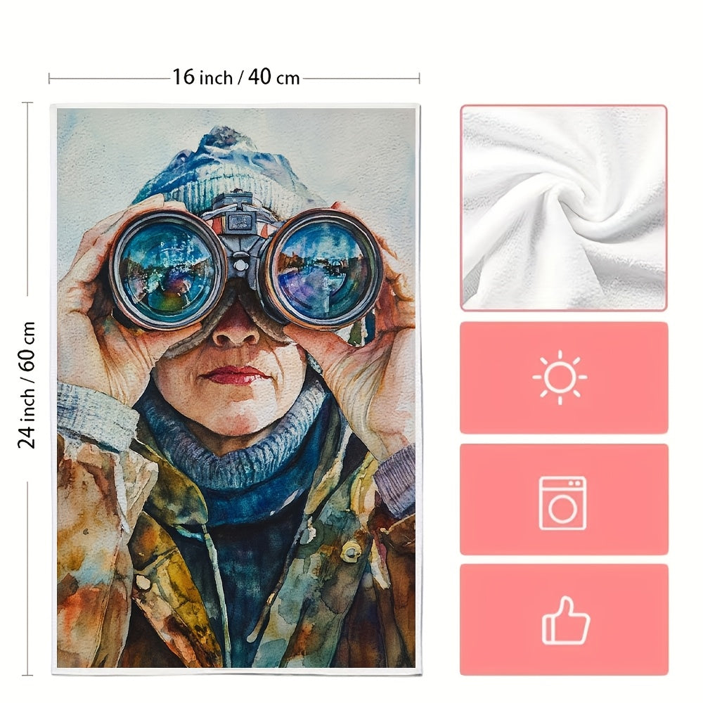 Set of 2 Ultra Soft Kitchen Towels Binoculars Scene Absorbent Dish Towels 16x24 Inches