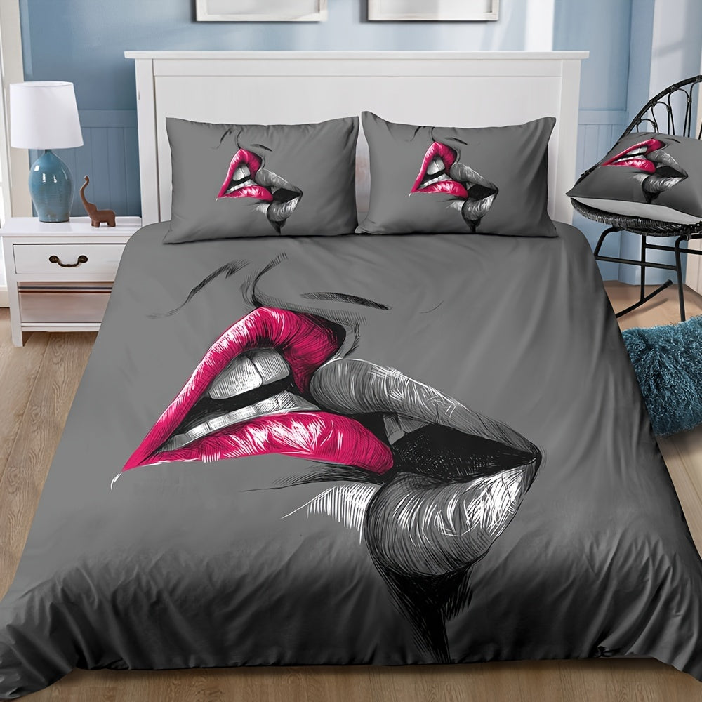 Couple Bedding Set with Crimson Lips Kissing Sketch Duvet Cover and Pillowcases