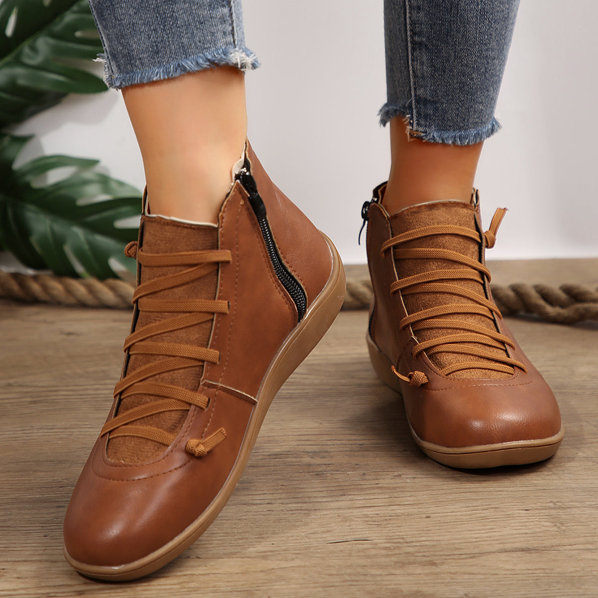 Women Ankle Boots Synthetic Leather Non-Slip Flat Heel Casual Autumn