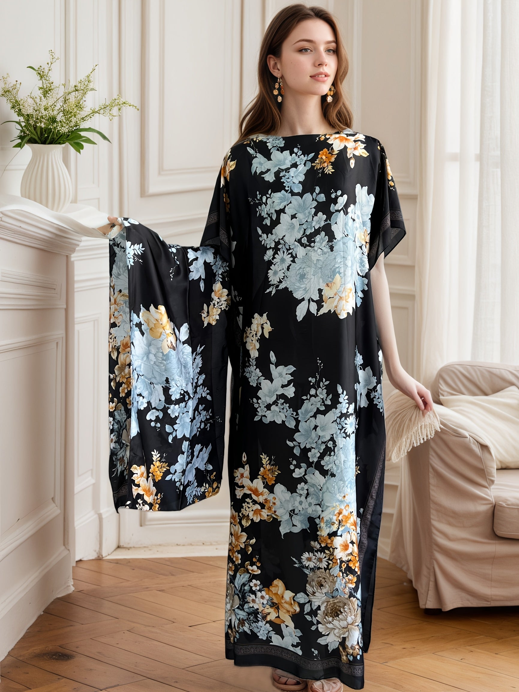 Plus Size Women's Black Floral Maxi Dress with Scarf, Short Sleeve, Loose Fit