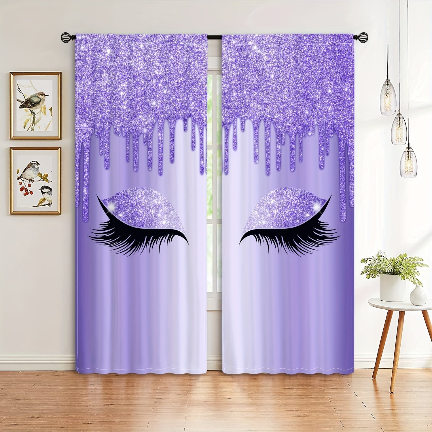 Set of Two Eyelash Printed Curtains, Rod Pocket Window Treatments for Bedroom and Living Room