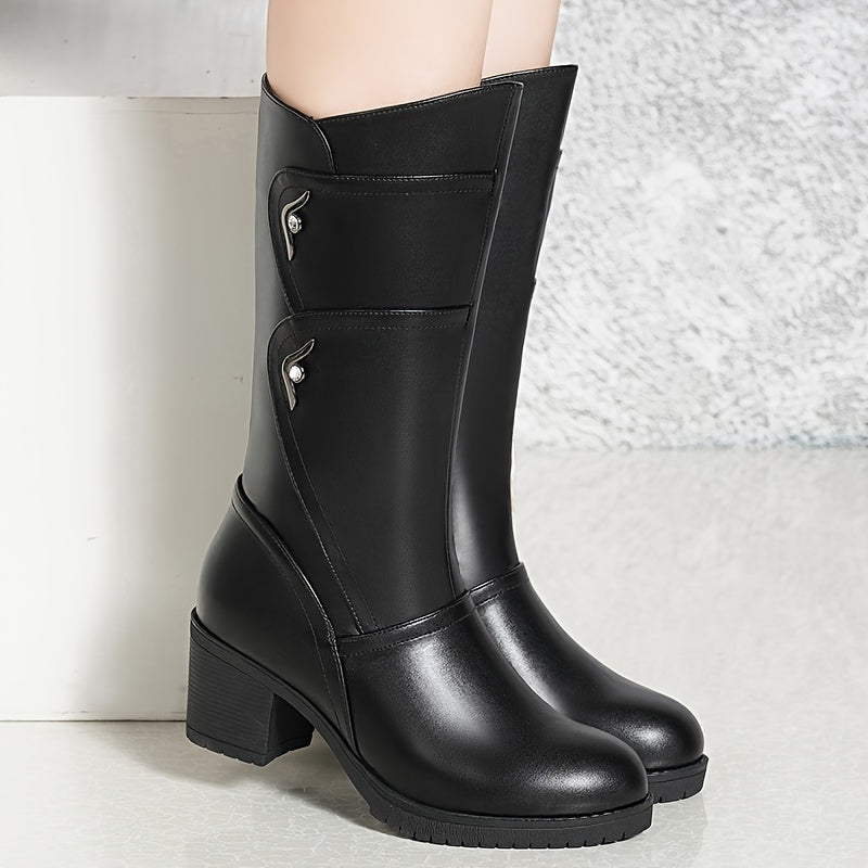 Women's Faux Leather Knee-High Winter Boots with Fleece Lining