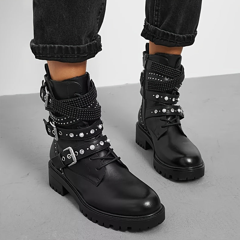 Women's Solid Color Combat Boots with Side Zipper and Buckle
