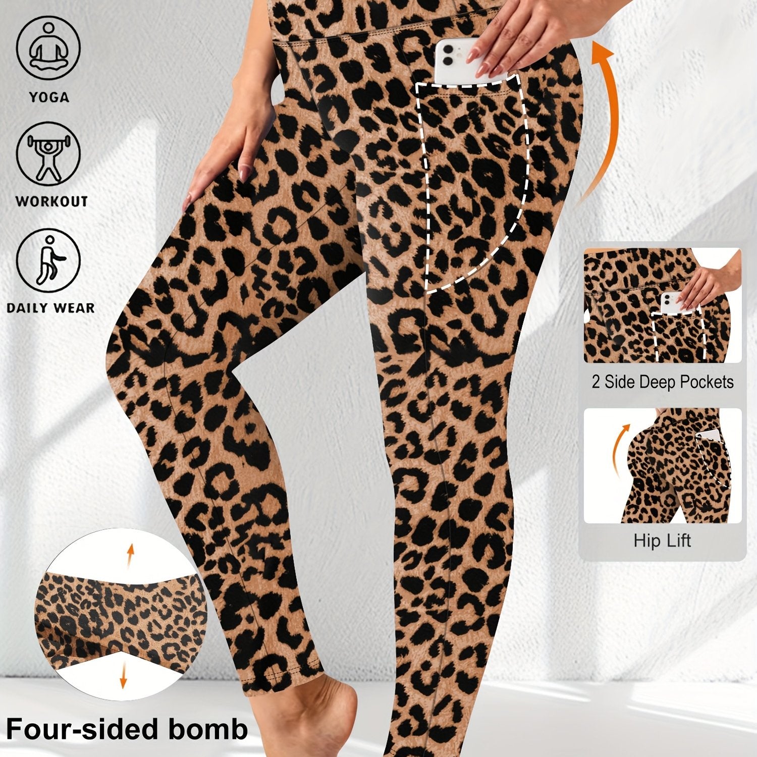 Plus Size Women's Tummy Control Yoga Pants Leopard Print 7/8 Leggings