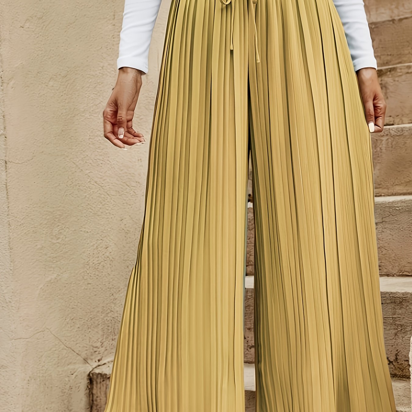 Women's Wide-Leg Pants with Pleats Olive Green Casual Trousers