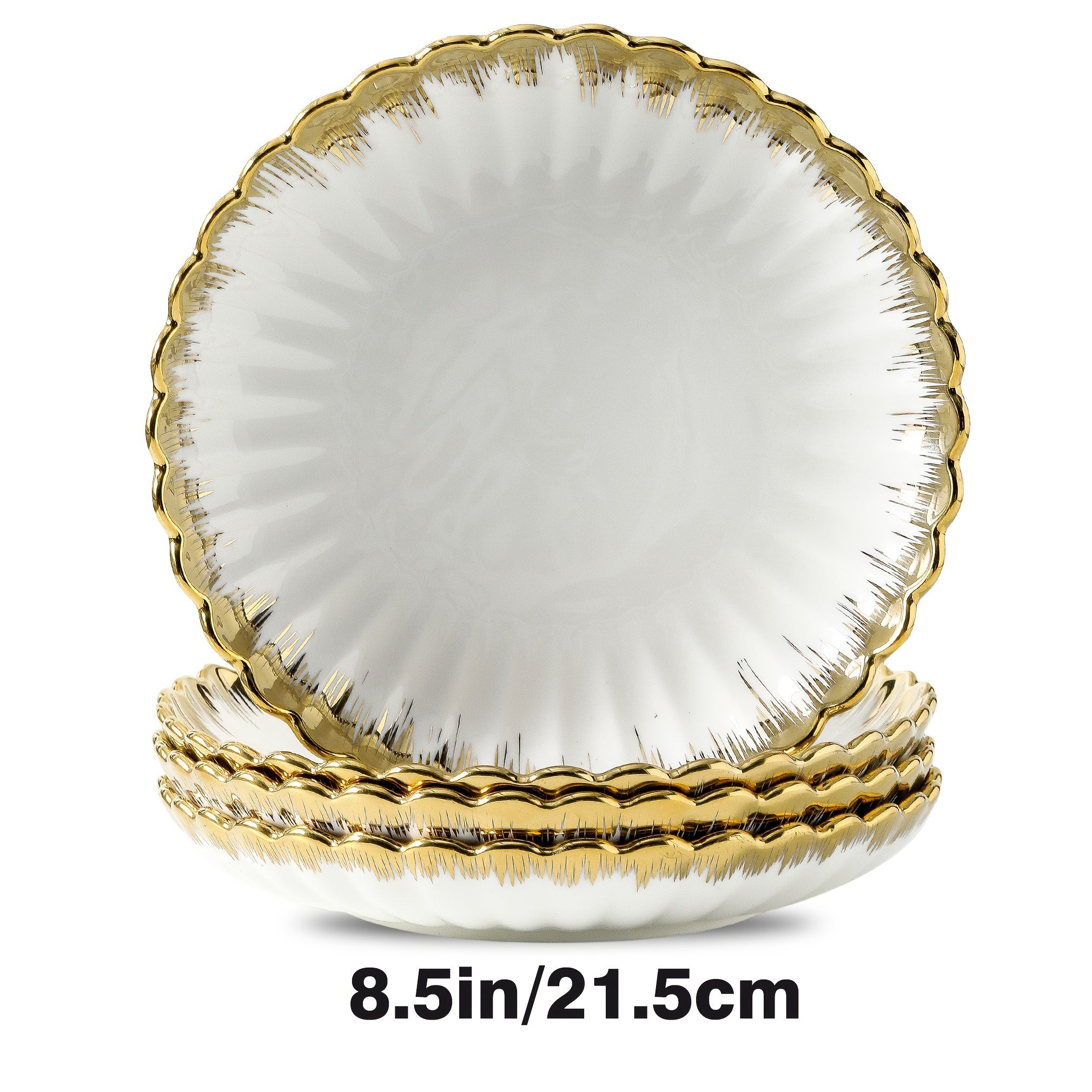 Set of 4 Ceramic Dinner Plates with Gold Rim for Pasta Salads and Desserts Dishwasher Safe Home and Restaurant Use