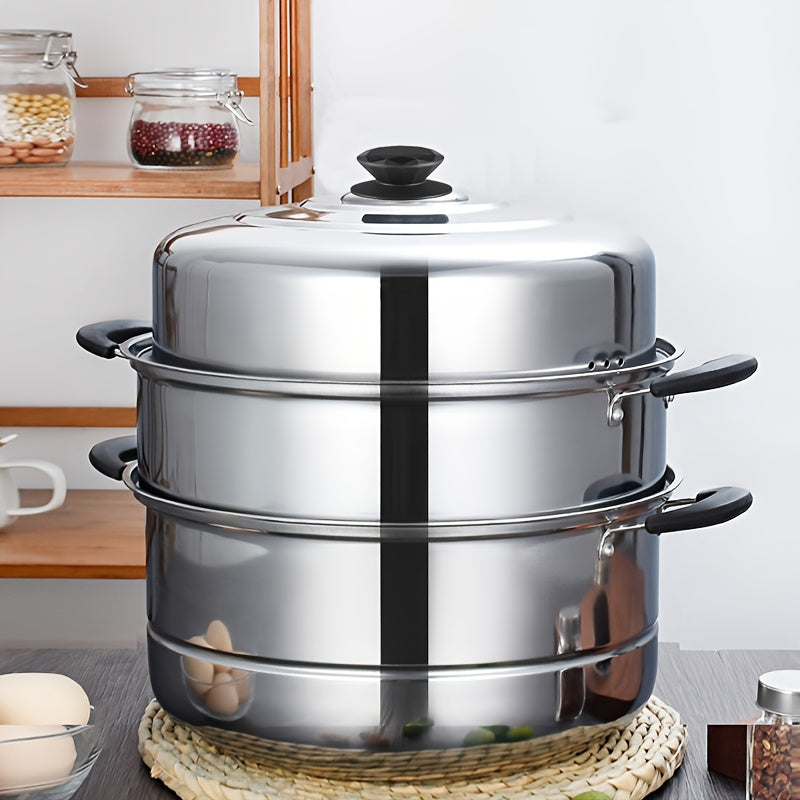 Stainless Steel 3-Tier Steamer Set for Vegetables Fish Bread Compatible with Induction Gas Stoves