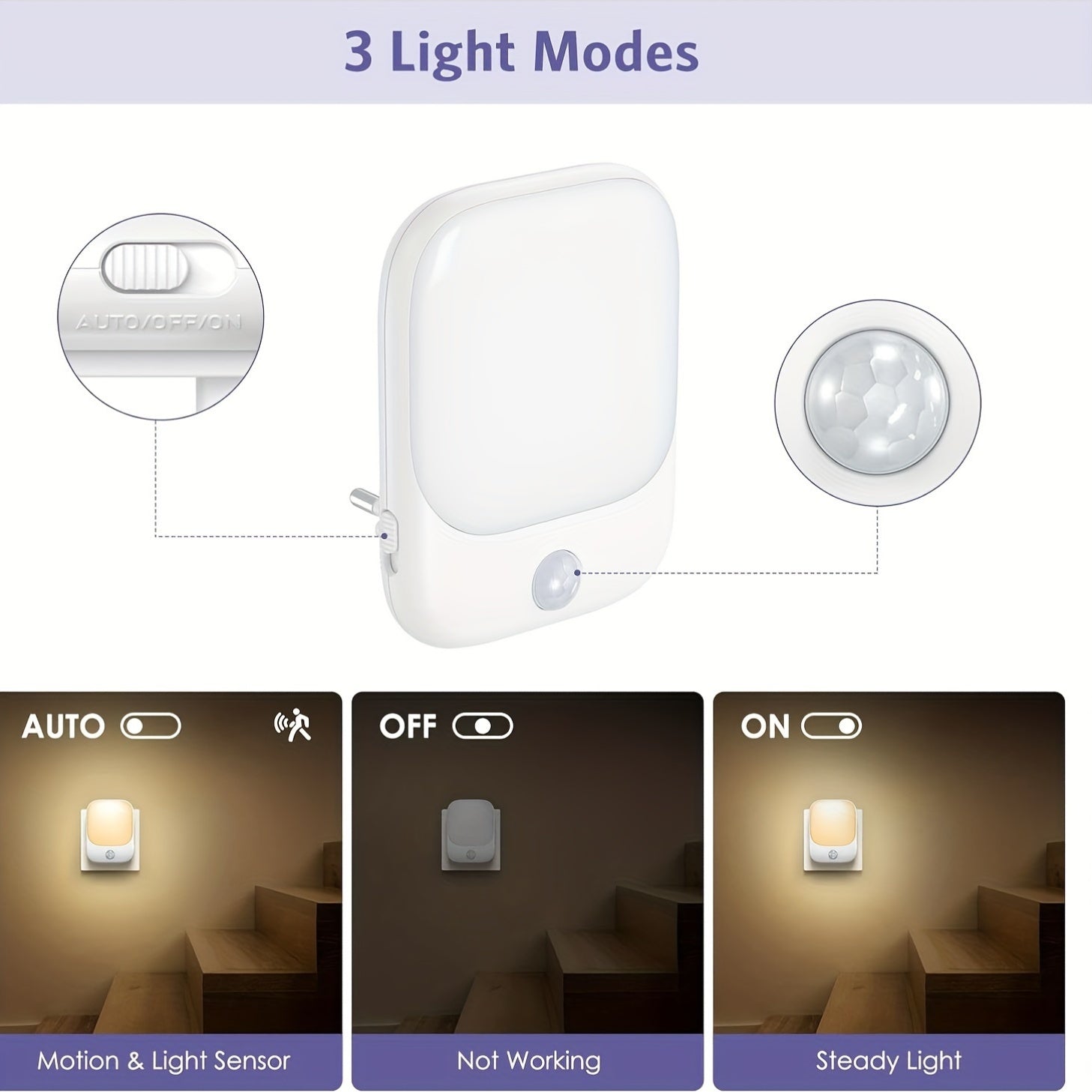 Motion Sensor Night Light Socket with 5 Brightness LED Warm White Wall Mount Hallway Kitchen