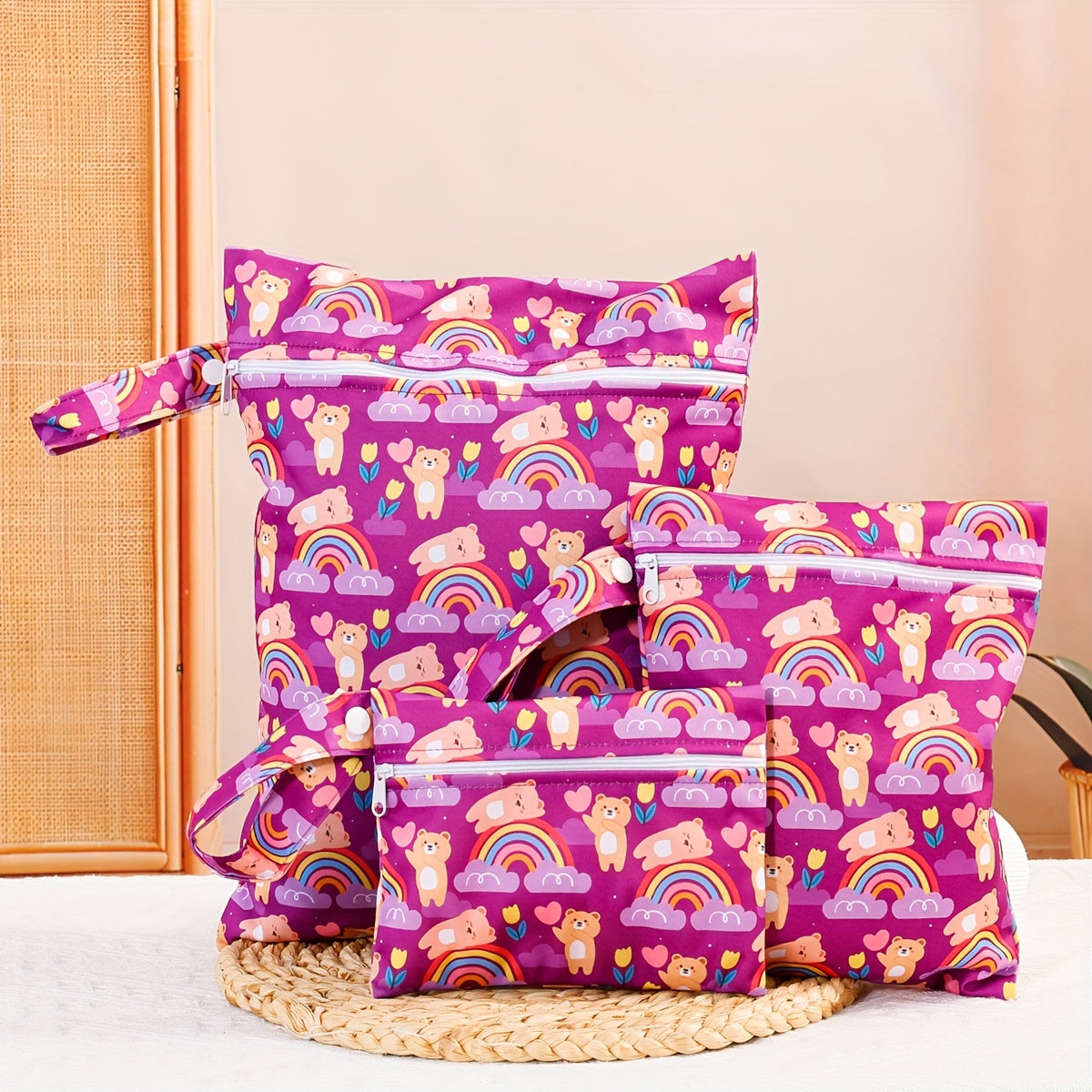 Set of 3 Waterproof Polyester Wet Dry Bags for Teenagers and Adults with Rainbow and Moon Designs