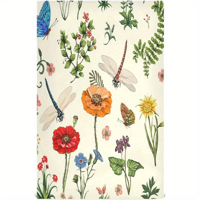 Christmas Summer Flowers Dragonfly Kitchen Dish Towel Green Leaves 45x66 cm Absorbent Reusable