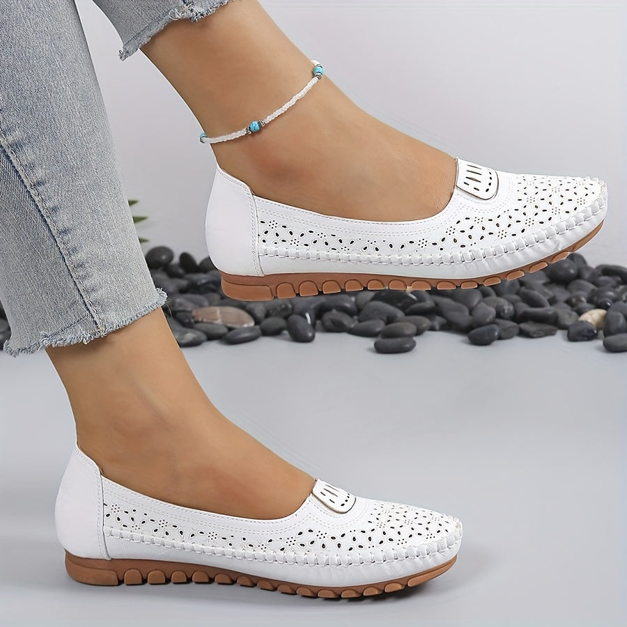 Women's Slip-On Loafers White Breathable Cut-Out Casual Shoes
